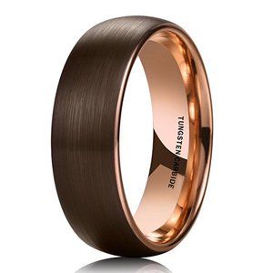 Men's Tungsten Wedding Band (8mm). Brown Matte Finish Ring with Inside Rose Gold